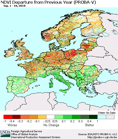 Europe NDVI Departure from Previous Year (PROBA-V) Thematic Map For 9/1/2018 - 9/10/2018
