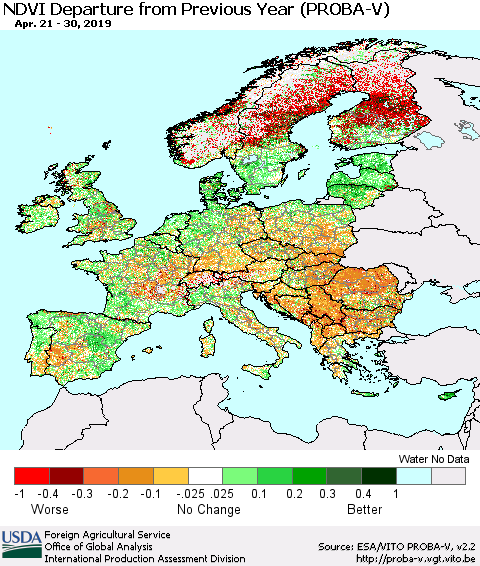 Europe NDVI Departure from Previous Year (PROBA-V) Thematic Map For 4/21/2019 - 4/30/2019