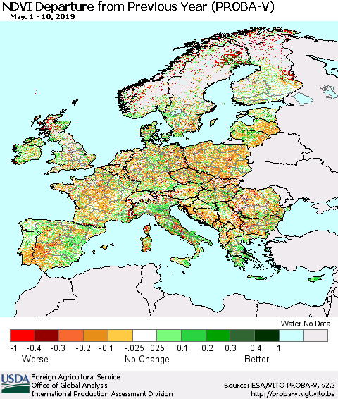 Europe NDVI Departure from Previous Year (PROBA-V) Thematic Map For 5/1/2019 - 5/10/2019