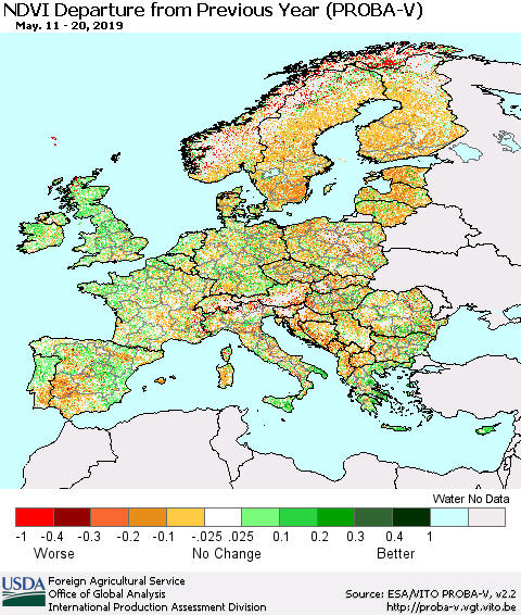 Europe NDVI Departure from Previous Year (PROBA-V) Thematic Map For 5/11/2019 - 5/20/2019