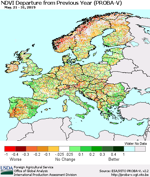 Europe NDVI Departure from Previous Year (PROBA-V) Thematic Map For 5/21/2019 - 5/31/2019