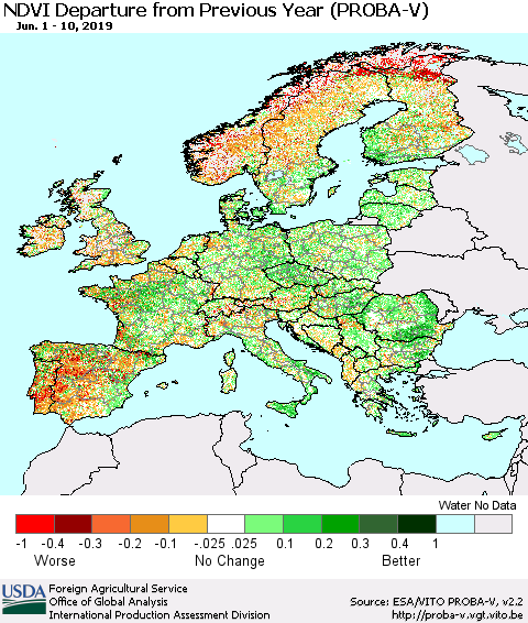 Europe NDVI Departure from Previous Year (PROBA-V) Thematic Map For 6/1/2019 - 6/10/2019