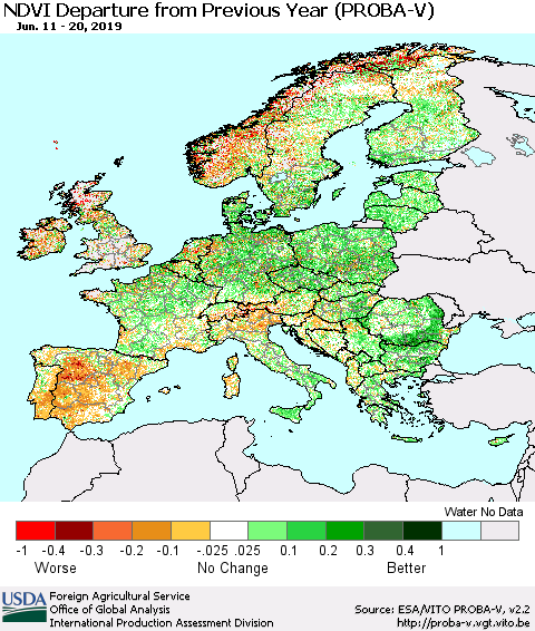 Europe NDVI Departure from Previous Year (PROBA-V) Thematic Map For 6/11/2019 - 6/20/2019