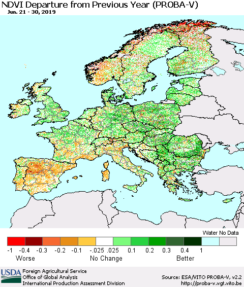 Europe NDVI Departure from Previous Year (PROBA-V) Thematic Map For 6/21/2019 - 6/30/2019
