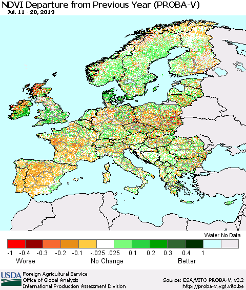 Europe NDVI Departure from Previous Year (PROBA-V) Thematic Map For 7/11/2019 - 7/20/2019