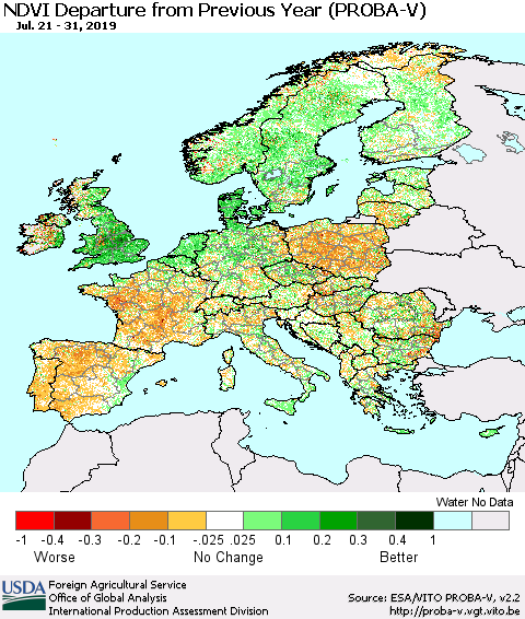 Europe NDVI Departure from Previous Year (PROBA-V) Thematic Map For 7/21/2019 - 7/31/2019