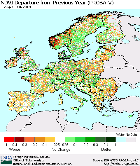 Europe NDVI Departure from Previous Year (PROBA-V) Thematic Map For 8/1/2019 - 8/10/2019