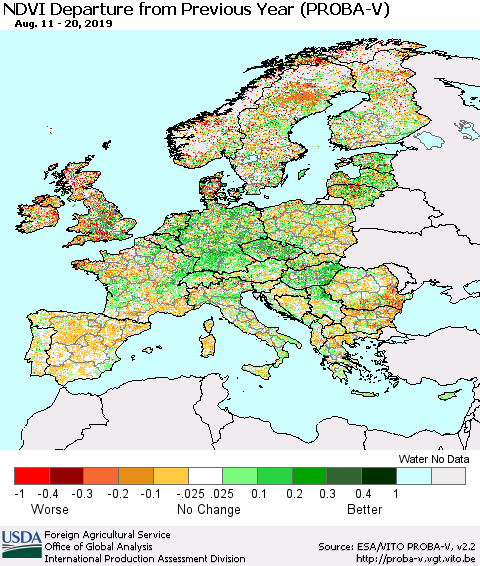 Europe NDVI Departure from Previous Year (PROBA-V) Thematic Map For 8/11/2019 - 8/20/2019