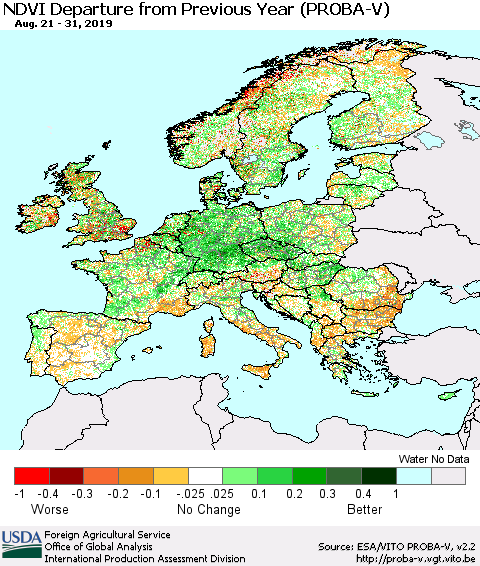 Europe NDVI Departure from Previous Year (PROBA-V) Thematic Map For 8/21/2019 - 8/31/2019