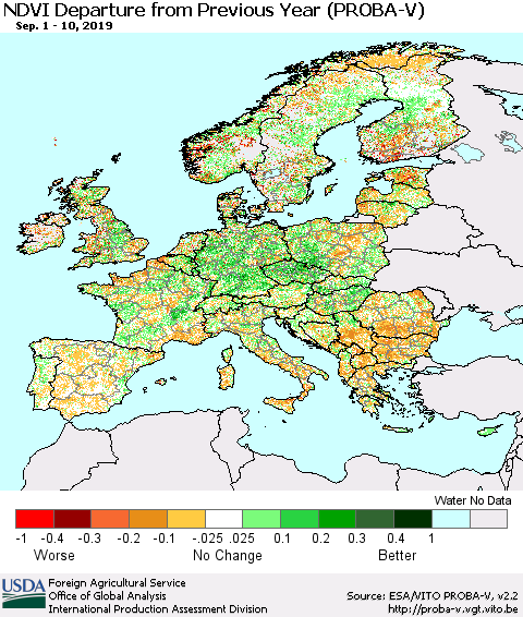 Europe NDVI Departure from Previous Year (PROBA-V) Thematic Map For 9/1/2019 - 9/10/2019