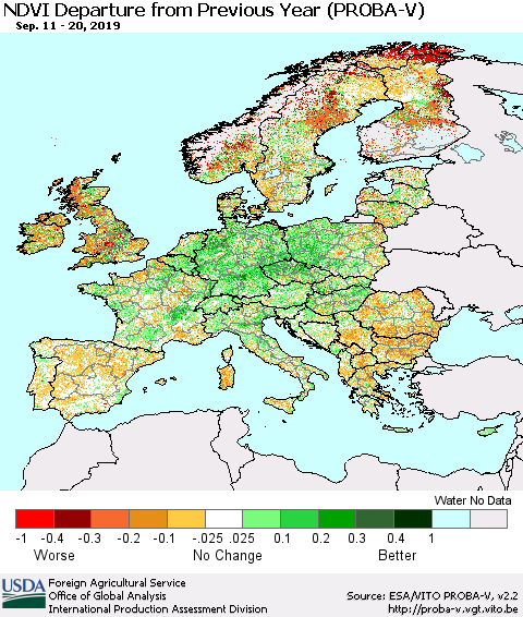Europe NDVI Departure from Previous Year (PROBA-V) Thematic Map For 9/11/2019 - 9/20/2019