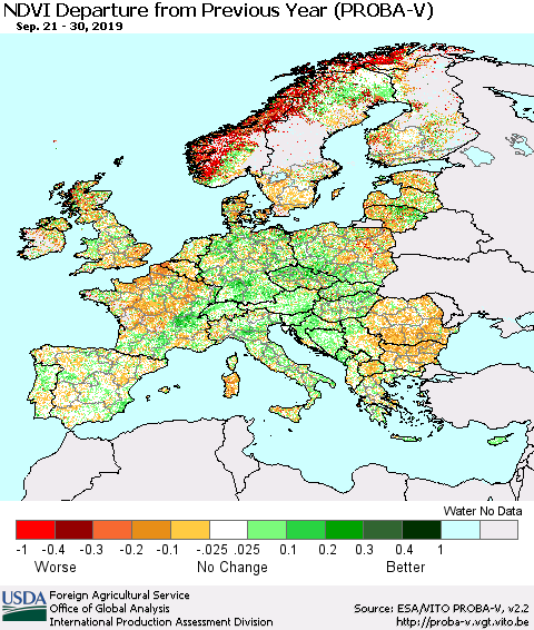 Europe NDVI Departure from Previous Year (PROBA-V) Thematic Map For 9/21/2019 - 9/30/2019