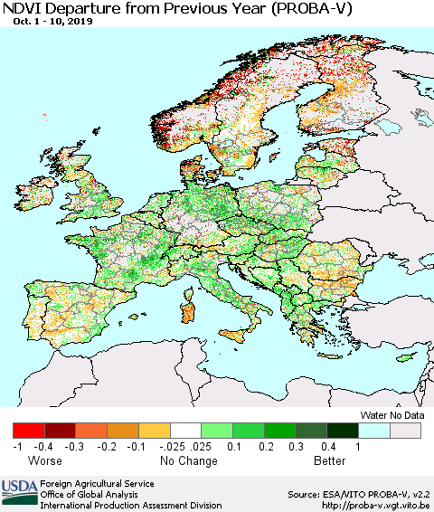 Europe NDVI Departure from Previous Year (PROBA-V) Thematic Map For 10/1/2019 - 10/10/2019