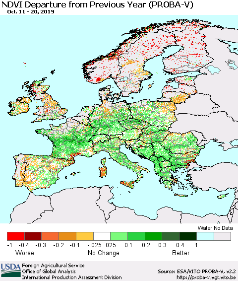 Europe NDVI Departure from Previous Year (PROBA-V) Thematic Map For 10/11/2019 - 10/20/2019