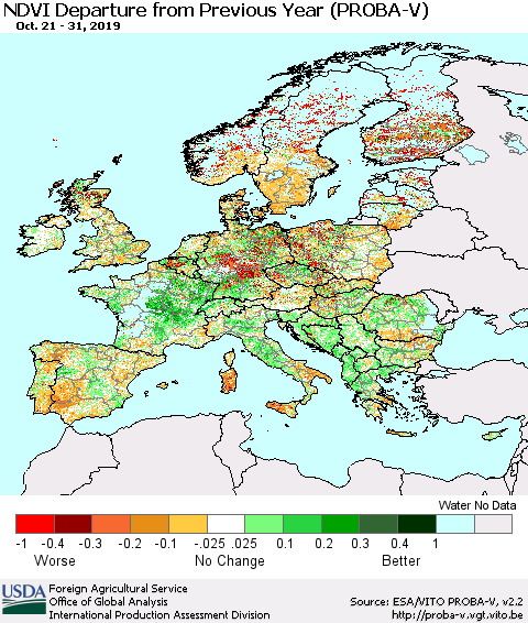 Europe NDVI Departure from Previous Year (PROBA-V) Thematic Map For 10/21/2019 - 10/31/2019