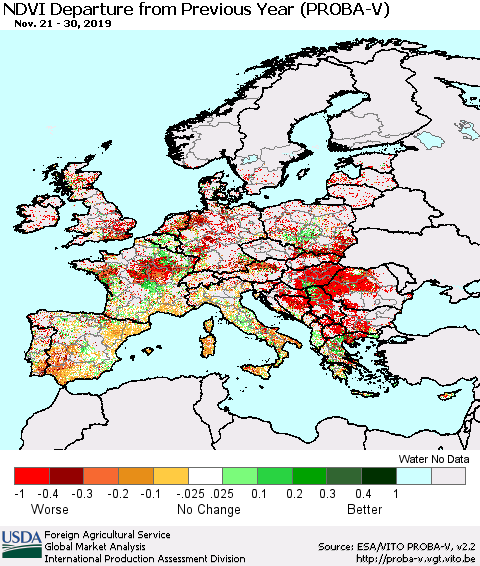 Europe NDVI Departure from Previous Year (PROBA-V) Thematic Map For 11/21/2019 - 11/30/2019
