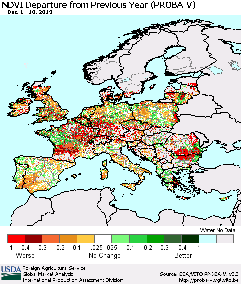 Europe NDVI Departure from Previous Year (PROBA-V) Thematic Map For 12/1/2019 - 12/10/2019