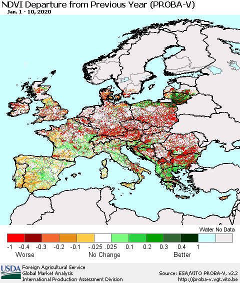 Europe NDVI Departure from Previous Year (PROBA-V) Thematic Map For 1/1/2020 - 1/10/2020