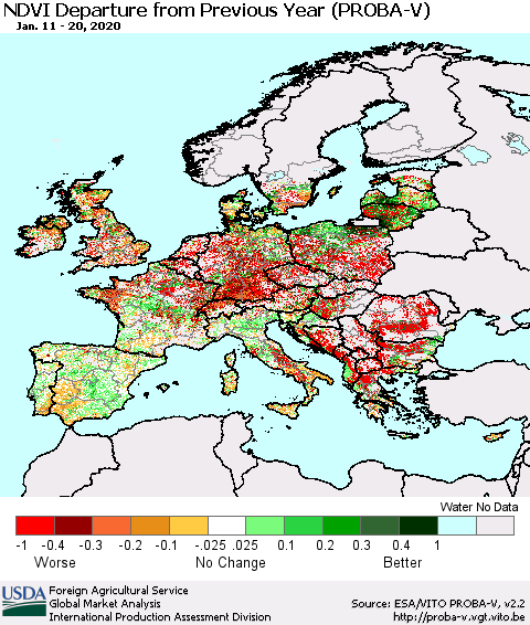 Europe NDVI Departure from Previous Year (PROBA-V) Thematic Map For 1/11/2020 - 1/20/2020