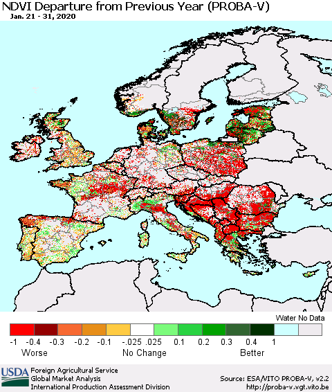 Europe NDVI Departure from Previous Year (PROBA-V) Thematic Map For 1/21/2020 - 1/31/2020