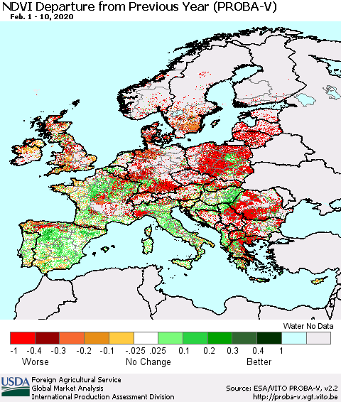 Europe NDVI Departure from Previous Year (PROBA-V) Thematic Map For 2/1/2020 - 2/10/2020