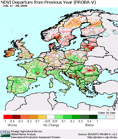 Europe NDVI Departure from Previous Year (PROBA-V) Thematic Map For 2/11/2020 - 2/20/2020
