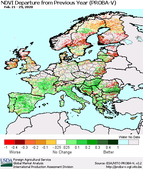 Europe NDVI Departure from Previous Year (PROBA-V) Thematic Map For 2/21/2020 - 2/29/2020