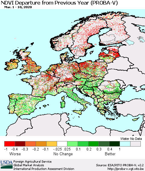 Europe NDVI Departure from Previous Year (PROBA-V) Thematic Map For 3/1/2020 - 3/10/2020