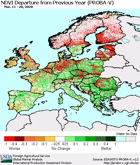 Europe NDVI Departure from Previous Year (PROBA-V) Thematic Map For 3/11/2020 - 3/20/2020