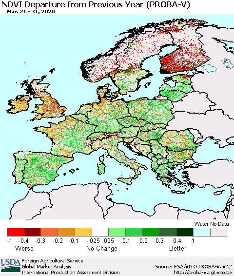 Europe NDVI Departure from Previous Year (PROBA-V) Thematic Map For 3/21/2020 - 3/31/2020