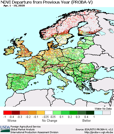 Europe NDVI Departure from Previous Year (PROBA-V) Thematic Map For 4/1/2020 - 4/10/2020