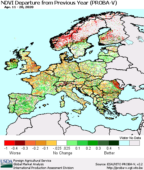 Europe NDVI Departure from Previous Year (PROBA-V) Thematic Map For 4/11/2020 - 4/20/2020