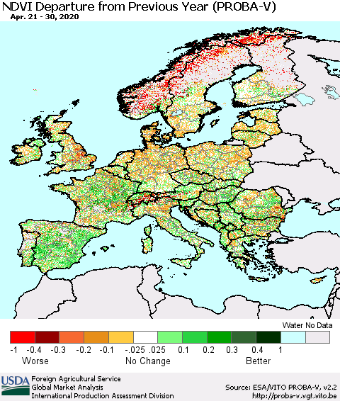 Europe NDVI Departure from Previous Year (PROBA-V) Thematic Map For 4/21/2020 - 4/30/2020