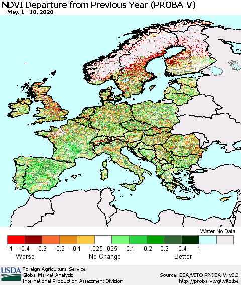 Europe NDVI Departure from Previous Year (PROBA-V) Thematic Map For 5/1/2020 - 5/10/2020