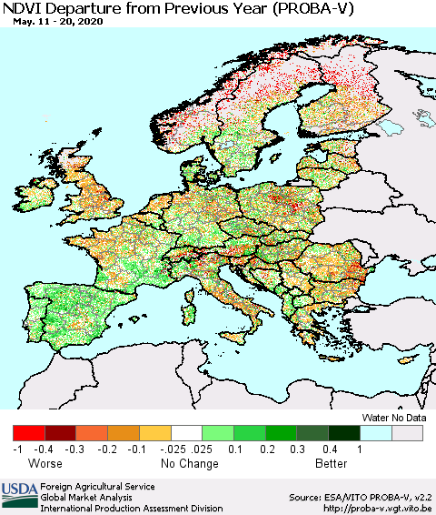 Europe NDVI Departure from Previous Year (PROBA-V) Thematic Map For 5/11/2020 - 5/20/2020