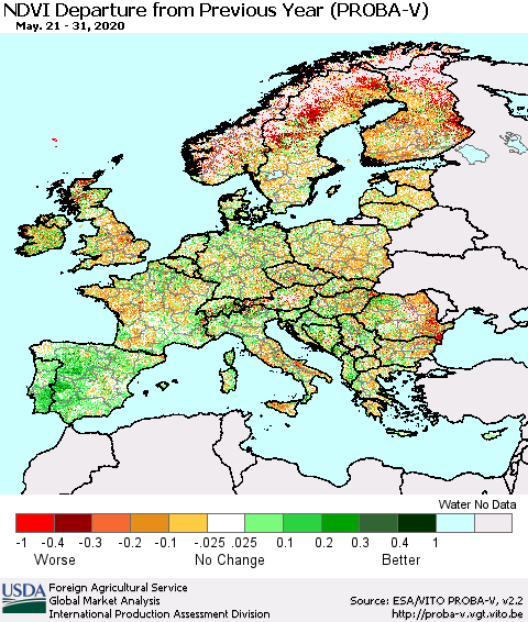 Europe NDVI Departure from Previous Year (PROBA-V) Thematic Map For 5/21/2020 - 5/31/2020
