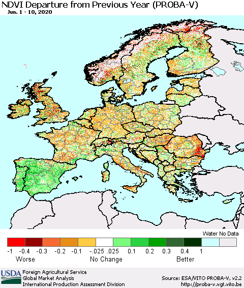Europe NDVI Departure from Previous Year (PROBA-V) Thematic Map For 6/1/2020 - 6/10/2020