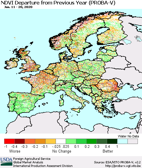 Europe NDVI Departure from Previous Year (PROBA-V) Thematic Map For 6/11/2020 - 6/20/2020