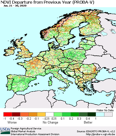 Europe NDVI Departure from Previous Year (PROBA-V) Thematic Map For 6/21/2020 - 6/30/2020