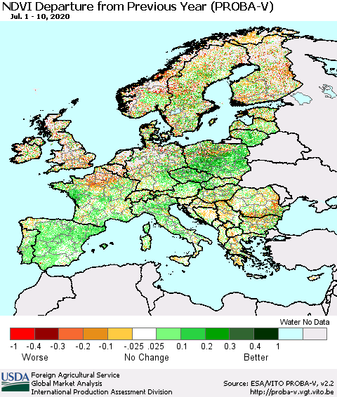 Europe NDVI Departure from Previous Year (PROBA-V) Thematic Map For 7/1/2020 - 7/10/2020