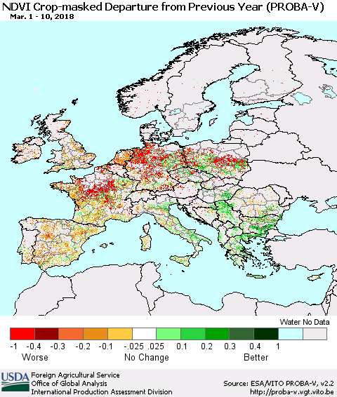 Europe NDVI Crop-masked Departure from Previous Year (PROBA-V) Thematic Map For 3/1/2018 - 3/10/2018