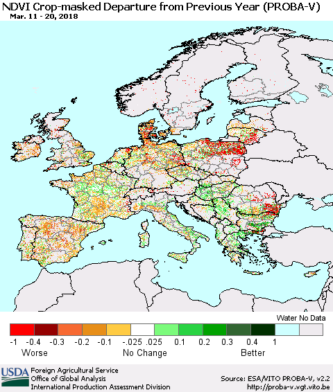 Europe NDVI Crop-masked Departure from Previous Year (PROBA-V) Thematic Map For 3/11/2018 - 3/20/2018