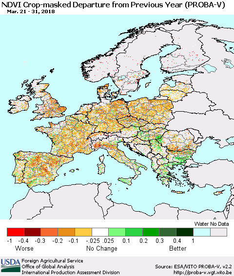 Europe NDVI Crop-masked Departure from Previous Year (PROBA-V) Thematic Map For 3/21/2018 - 3/31/2018