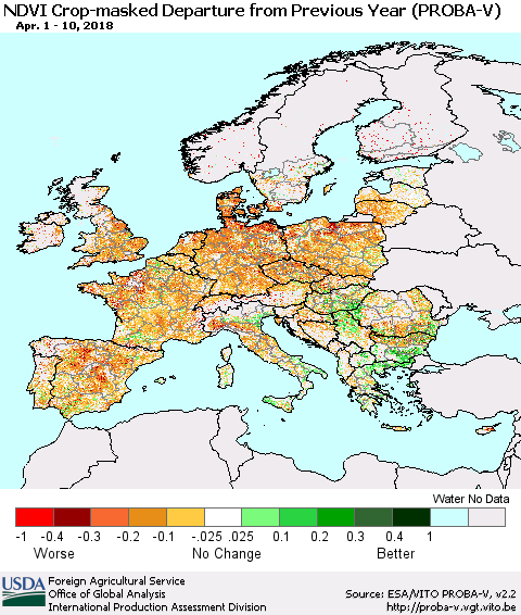 Europe NDVI Crop-masked Departure from Previous Year (PROBA-V) Thematic Map For 4/1/2018 - 4/10/2018