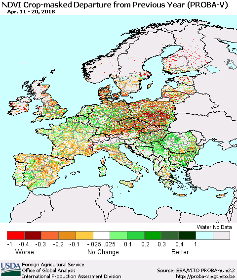 Europe NDVI Crop-masked Departure from Previous Year (PROBA-V) Thematic Map For 4/11/2018 - 4/20/2018