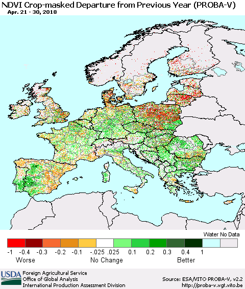 Europe NDVI Crop-masked Departure from Previous Year (PROBA-V) Thematic Map For 4/21/2018 - 4/30/2018