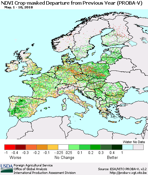 Europe NDVI Crop-masked Departure from Previous Year (PROBA-V) Thematic Map For 5/1/2018 - 5/10/2018