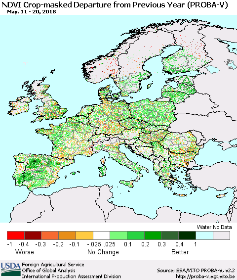 Europe NDVI Crop-masked Departure from Previous Year (PROBA-V) Thematic Map For 5/11/2018 - 5/20/2018