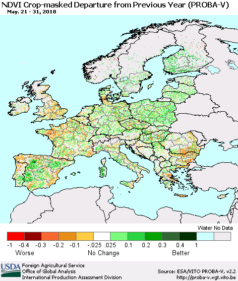 Europe NDVI Crop-masked Departure from Previous Year (PROBA-V) Thematic Map For 5/21/2018 - 5/31/2018