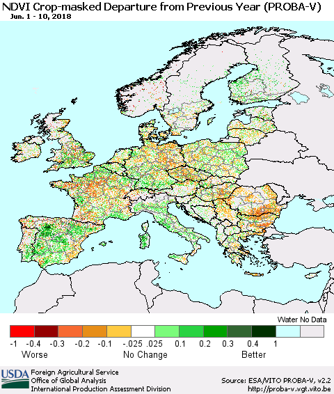 Europe NDVI Crop-masked Departure from Previous Year (PROBA-V) Thematic Map For 6/1/2018 - 6/10/2018